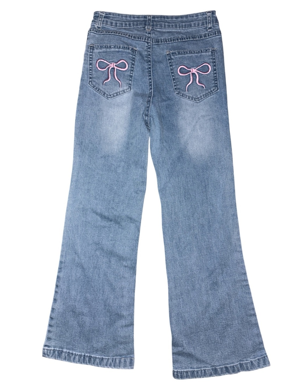 Girls Wide-Leg Light Blue Bow Pocket Jeans